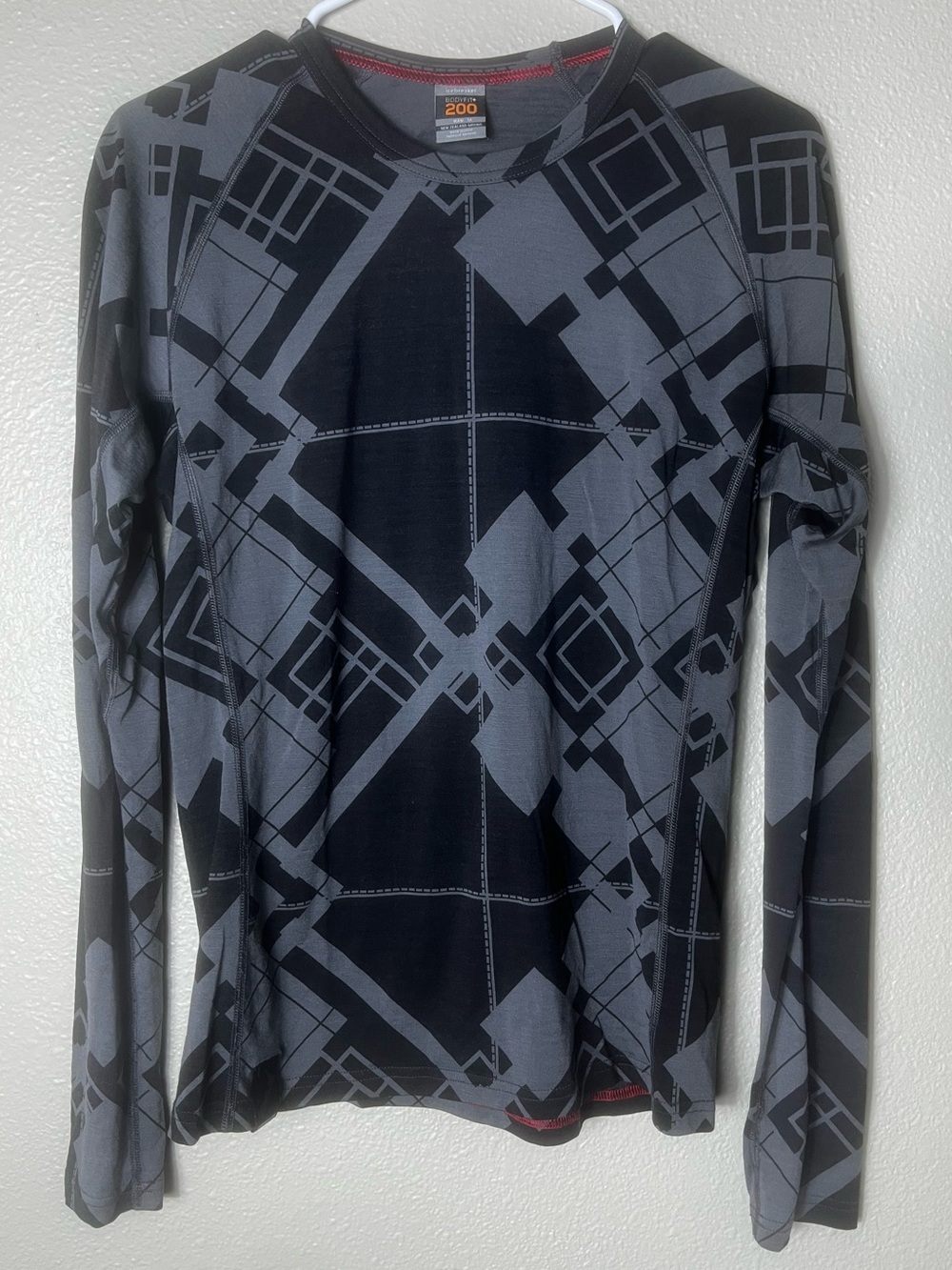 ICEBREAKER BodyFit+200 Gray Black Abstract Print Merino Wool Thermal Top Sz M